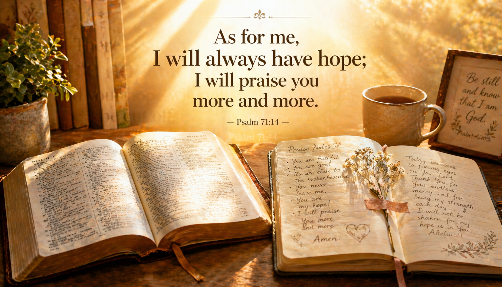 Open Bible beside devotional journal with handwritten praise notes dried pressed flower bookmark morning sunlight wooden desk -- Psalm 71:14 wallpaper